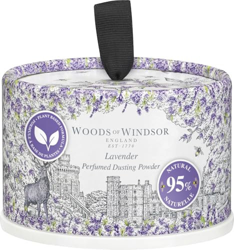 Woods of Windsor Talco profumato alla lavanda, polvere floreale con spugna per il corpo, ideale per donne, aiuta a controllare odori e irritazioni, fragranza alla lavanda, 100g