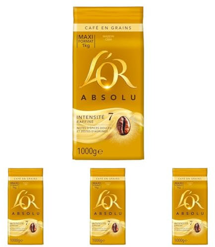 L'OR, 1 kg Café en Grains Absolu,100% Arabica, Intensité 7, 1kg (l'emballage peut varier) (Lot de 4)