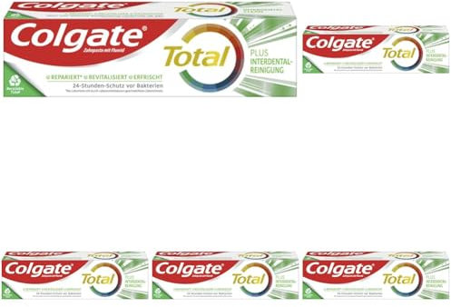 Colgate Zahnpasta Total Plus Interdentalreinigung 75ml - Zahncreme gegen Karies, Plaque. Reinigt die Zahnzwischenräume (Packung mit 5)
