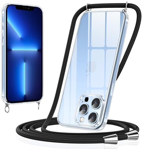 Xiltlly Handyband für iPhone 13 Pro Max Hülle mit Band, Handyhülle TPU Silikon Transparent zum Umhängen Stoßfest mit Kordel Necklace Schnur Schutzhülle Bumper Case für iPhone 13Pro Max, Schwarz