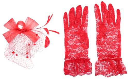 GAROZATION Fascinator Hut Set Mit Schleife Netzschleier Und Kurzen Spitzenhandschuhen Elegante Damenaccessoires Für Karneval Hochzeiten Partys Und Festlichkeiten