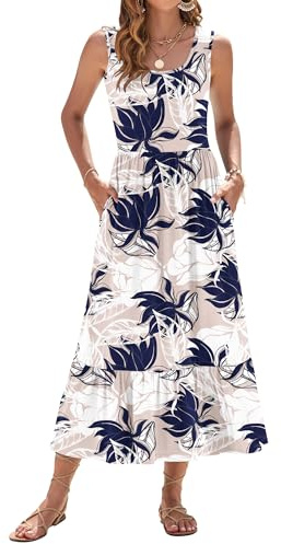 WNEEDU Sommerkleid Damen Lang Ärmellose Maxikleid mit Empire Taille Damen Sommer U-Ausschnitt Luftiges Strandkleider mit Taschen Aprikosen Rose Blatt L