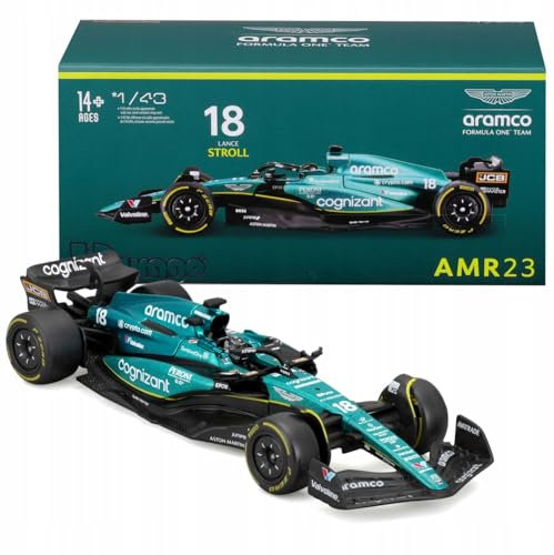 Bburago Fórmula 1 F1 Asto Martin AMR 23 Lance Stroll con Casco (2023) - Escala 1:43 - En réplica Coleccionable de Coche de Carreras Fundido a presión creíblemente Detallada