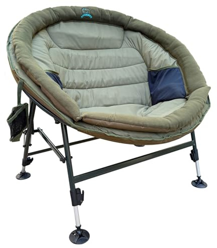 CARPZILLA Foldable Folding Wide Round Fishing Chair Sunchair Moon Chair Adjustable Legs Rotating Feet 220g Fleece Padding Pockets Bottle Holder Oxford Fabric Heavy Duty 150KG Weight Limit Dark Green
