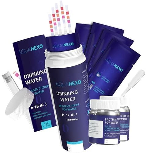 AQUANEXO 18 parametri, 125 strisce per il test dell'acqua potabile (5x25)+ 2x test dei batteri coliformi, strisce per il test del pH, tester dell'acqua potabile, misura della durezza dell'acqua