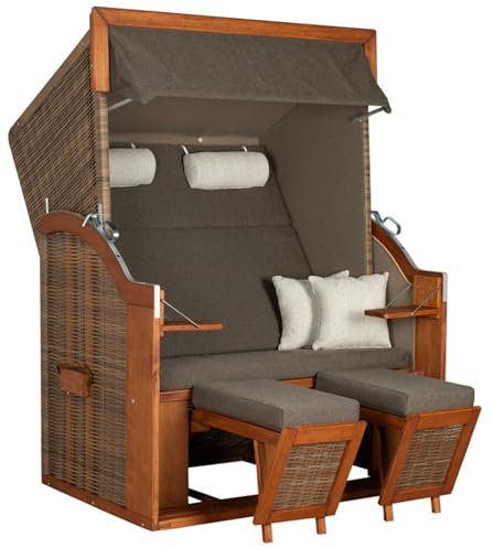 MR. DEKO® Strandkorb Tinnum Pinie PE griseum Dessin 574 Volllieger | Strandstuhl Liegestuhl Pinienholz | inkl. 4 Kissen | Strandkörbe für Garten, Wintergarten und Terrasse