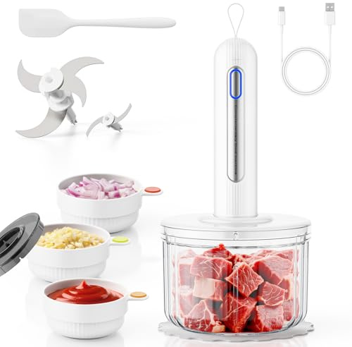 TPGSING Hachoir de cuisine électrique sans fil 4000 mAh avec charge USB-C, verre de 1,5 l et 3 bols, 5 lames en acier inoxydable pour viande, légumes, aliments pour bébé