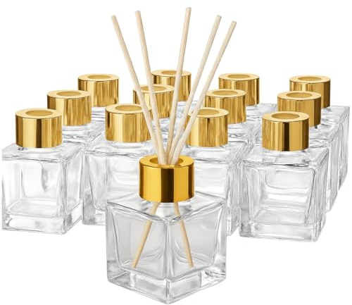 Doni Bomboniere - 50 Bottiglie vuote in Vetro da 50 ml con Bastoncini Legno per Profumatore Ambiente - Diffusori di Oli Essenziali per la Casa Bagno Salotto, Arredo Decorativi (Gold)