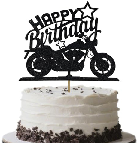 HSC Happy Birthday Cake Topper Black Glitter Motorcycle Design, Paper Party Decoration for Birthday Cakes - 11.9cm×14cm