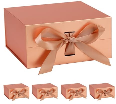 OEMVALATY Geschenkboxen in Roségold, 30,5 x 25,4 x 12,7 cm, Geschenkboxen mit Deckel für Geschenke mit Magnetverschluss und Band für Hochzeit, Aufbewahrung, Geburtstag (5er-Pack)