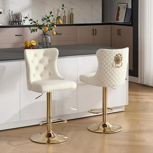 Orirsnug Velvet Bar Stools Set of 2, Lion Knocker Stools, Cream Gold | Swivel 360°,Height Adjustable,Breakfast Counter Modern High Chair, Suitable for Bars Kitchens and Breakfast Counters