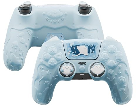 playvital Funda de Silicona Semitransparente para ps5 Mando | Carcasa Protectora, Agarre Cómodo, Compatible con Base de Carga, Tapas para Joysticks, Cute Ocean Whisper, Azul Menta
