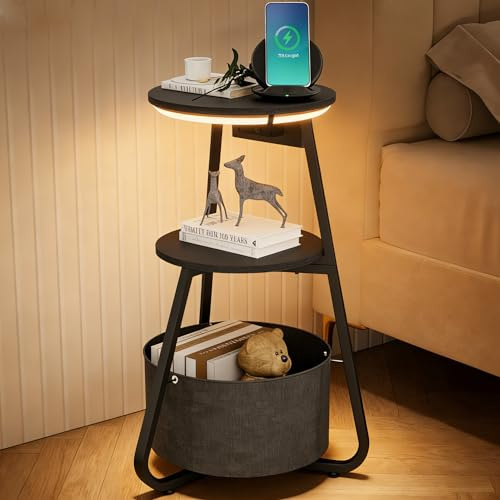 ARTETHYS Side Table with Charging Station, Small Round Coffee Table with 3 Colour LED Lights and Storage Basket, End Table with 3 Tier Shelves, Bedside Sofa Side Tables for Living Room Bedroom, Black
