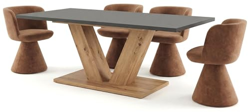 Newroom Esstisch ausziehbar Platte Anthrazit Gestell Wildeiche modern | V-Gestell zweifarbig, Säulentisch, Küchentisch, Speisetisch, für 6-8 Personen, Holzoptik, Esszimmer und Küche