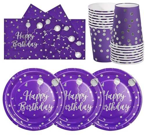 hailstones Argento Viola 72 Pezzi Stoviglie di Carta per Compleanno Bambini: Piatti, Bicchieri, Tovaglioli - 24 Ospiti