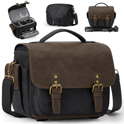 RAINSMORE Camera Bag, Small Camera Case for DSLR/SLR/Mirrorless | Vintage Canvas Camera Sling Bag, with Waterproof Rain Cover & Tripod Holder, for Photographers, Suitable for Travel,Commuting