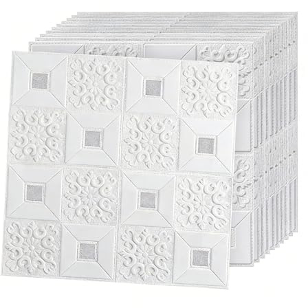 Vibeo Azulejos Adhesivos 10 Paneles de Espuma Autoadhesivos para Techo, Adhesivos Decorativos Blancos con Textura 3D, Papel Tapiz Cuadrado Impermeable para Techo(Silver)