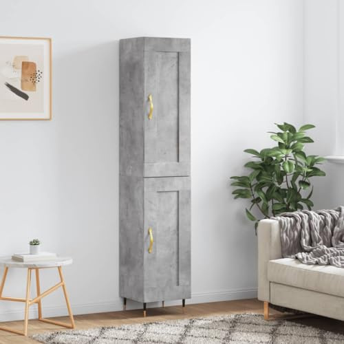 HFXHIJXQ Buffet haut gris béton 34,5 x 34 x 180 cm en bois avec pieds en métal - Buffet moderne pour salon, cuisine, couloir - Avec support mural pour un maintien sûr