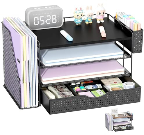 Schreibtisch-Organizer aus Holz mit Zubehör und Aktenhalter, 4-stufige Schreibtisch-Accessoires & Arbeitsplatz-Organizer mit Schublade und Stiftehalter, Papier-Organizer für Bürobedarf (Schwarz)