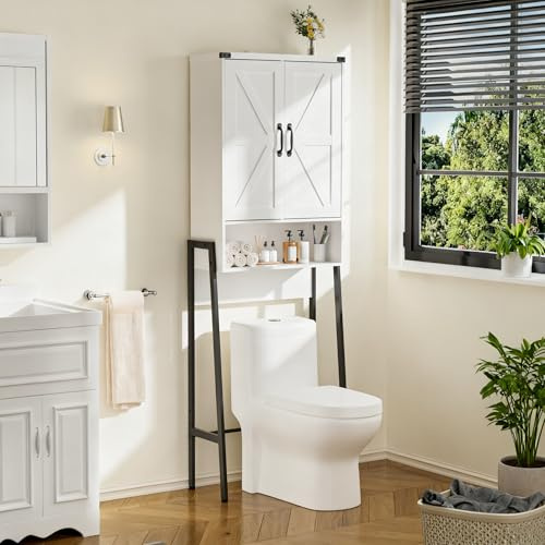 BonVache Holz Toilettenregal mit Türen, Badezimmerregal mit 6 Ablageflächen, Regalen für kleine Waschmaschinen, Toilettenschrank für Badezimmer, 171x59.6x25.3cm, Weiß
