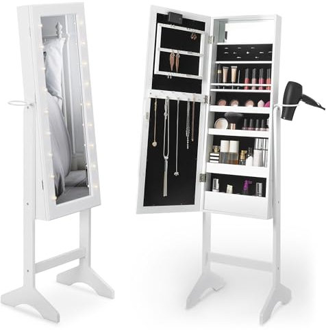 Beautify Storage Mirror, Full Length Free Standing Armoire, Tiltable Floor Mirror w/LED Lights, Earring, Ring & Necklace Hooks & Hairdryer Ring, Easy to Assemble Jewellery Storage