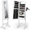 Beautify Storage Mirror, Full Length Free Standing Armoire, Tiltable Floor Mirror w/LED Lights, Earring, Ring & Necklace Hooks & Hairdryer Ring, Easy to Assemble Jewellery Storage