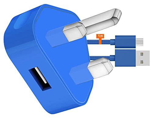 IWIO 3 Pin UK USB Mains Charger Adapter 1000 mAh / 1 AMPwith USB 2.0 Micro USB Sync and Charge Cable 1 Meter compatible with Huawei P Smart 2019 - BLUE