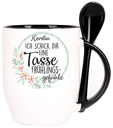 Herz & Heim® Ostergeschenk Löffel-Tasse mit Wunschname Frühlingsgefühle