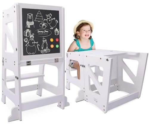 YOLEO Tour d'apprentissage Transformable, Pliable, Tour d'observation pour Enfants Montessori Learning Bois Naturel Kitchen Helper avec Tableau Noir et Blanc,Table et Chaise pour Enfant (Blanc)