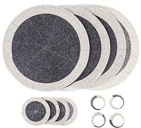 Penguin Home® - Set di 12 tovagliette all'americana in iuta, sottobicchieri e tovaglioli, colore grigio e bianco, tovagliette rotonde, realizzate a mano da abili artigiani indiani, diametro 32 cm
