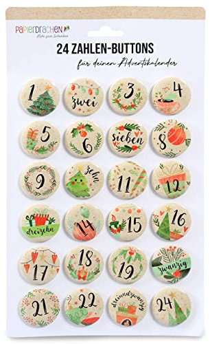 Papierdrachen 24 Adventskalender-Zahlen Buttons 35mm - Anstecknadeln zum Dekorieren von Adventskalendern - mit Zahlen von 1-24 - Watercolor - Ideal für Stoffsäckchen, Tüten und Beutel