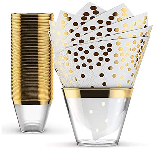 BoBoHome Bicchieri di Plastica USA E Getta da 50 Pezzi 9 Once con Tovaglioli USA E Getta da 50 Pezzi per Set da Tavola per Matrimoni di Compleanno - Oro