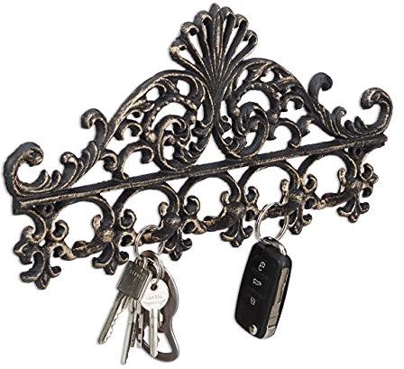 Relaxdays 1 x Garderobenleiste Gusseisen, 5 Haken, antike Hakenleiste, für Schlüssel, nostalgisch, HBT: 17 x 35 x 3,5 cm, bronze