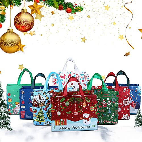 8 Stück Geschenktüten Weihnachten Groß,32.5 x 25 x 17 cm Geschenktaschen Weihnachten,Weihnachtstaschen,Weihnachts Geschenktüten,Weihnachtstüten mit Griffen,Wiederverwendbare Weihnachtsgeschenktüten