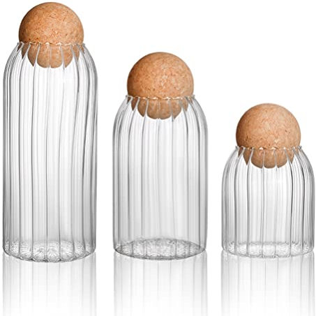 MEETOZ 3 Pack Glass Jar with Wood Lid Ball,Clear Stripe Candy Jar Mason Jars Food Storage Canister for Storage Container Jars for Coffee, Tea, Spice, Sugar, Salt, Set(450ml/700ml/1000ml)