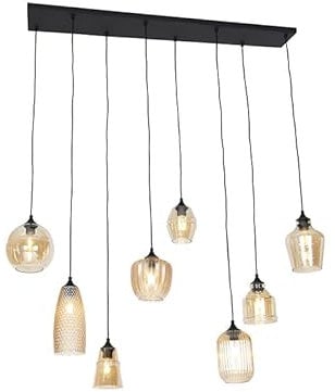 Qazqa - Art Deco Art Deco Hängelampe I Pendellampe I Pendelleuchte schwarz mit Bernsteinglas 8-flammig - Hanne I Wohnzimmer I Schlafzimmer - Länglich - LED geeignet E27