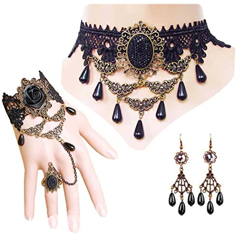 Borsgye Gothic Choker Halskette Armbänder Ohrringe Schmuck Schwarz Spitze Vampir Armband Lace Collier Kette Fingerlose Handschuhe Victorian Steampunk Vintage Halsband für Halloween Ostern - FY004