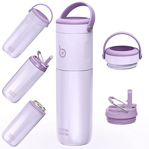 BOTTLE BOTTLE Isolierte Wasserflasche für Sport mit Strohhalm, 2 Deckel, 3-in-1-Wasserflaschen für schlanke Dosenkühler und Kinderbecher, Edelstahl-Metallflaschen für Outdoor-Aktivitäten (lila)