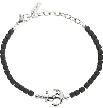 Breil, Collezione Mast, Bracciale Uomo in Acciaio ed Ematite, con Elemento Centrale in Acciaio a Forma di Ancora, Pratica Chiusura a Moschettone, Lunghezza Regolabile 17.5-22.5 cm, Silver e Black