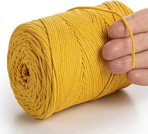 MeriWoolArt® Makramee Garn Senf 2 mm x 250 m Baumwollkordel, recyceltes weiches Baumwollgarn für das Stricken von Pflanzenhängern, Schmuckherstellung, Häkeltaschen
