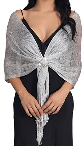 Aukmla Funkelnde metallische Tücher und Wickel mit Schnalle Frauen Abend Wickel Stola Schal für Braut Brautjungfer Hochzeiten Abend Party Formelle Kleider (Silber)