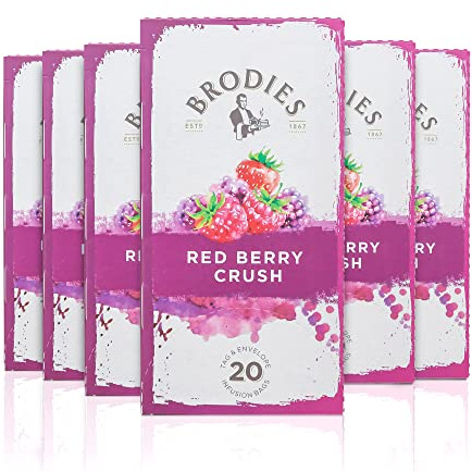 Brodies Red Berry Crush Tag and Envelope - 6 Tea Boxes of 20 Tea Bags each (120 Tea Bags) - A mix of Berries and Fruits for an Infusion with a superb Aroma. Caffeine Free