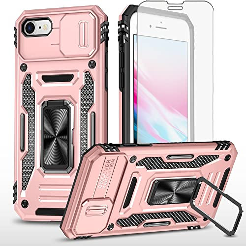 Asuwish Phone Case for iPhone 7/8/SE 2020/2022 with Screen Protector Cover and Slide Camera Magnetic Ring Holder Stand iPhone7 iPhone8 7s 8s i i7 SE2020 SE2022 2/2nd/3/3rd SE2 SE3 Women Men Rose Gold