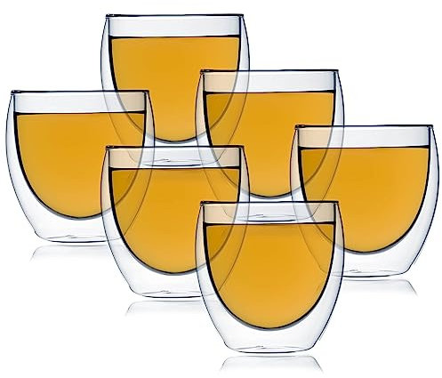Glass Cup Double Walled Teacup - 250 ml 6 Cups Pack - Glass Tea Cups Double Wall Coffee Mugs Glasses Double Wall Double Walled Glasses Clear Tea Cups Glass Mug Insulated Coffee Mug