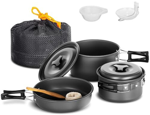Lixada 10-teiliges Camping-Kochgeschirr-Set, antihaftbeschichtet, leicht, stapelbar, Topf, Pfanne, Schüsseln, Camping-Kochset mit Aufbewahrungstasche, tragbares Outdoor-Kochgeschirr-Zubehör für