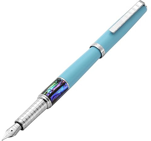 Xezo Speed Master Füllfederhalter, Extra Feine Feder. Matt Himmelblau mit Pāua Abalone Muschel. Verchromt. Leichter Messingkörper. Keiner gleicht dem Anderen