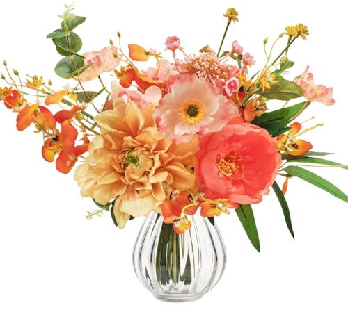 WELL KNOWN Künstliche Blumen mit Vase Set, Gefälschte Blumenarrangements für Zuhause Tischdekoration (Orange Rosa)