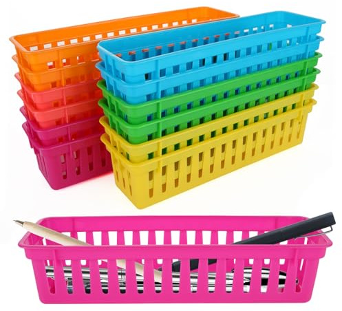 Oungy 24 PCS Classroom Pencil Organizer Basket, 23 x 7 x 6cm Plastic Stationery Storage Baskets, 6 Colours Pencil Storage Baskets for Classroom, Office, Drawer, Desktop