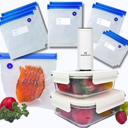 ONIMACO Lot 13 pièces | 2 Récipients Verre Conservation Alimentaire Sous Vide + 10 Sacs Conservation Sous Vide + 1 Pompe Automatique à Vide | Sachet Réutilisable, Microondes, Four, Congélateur