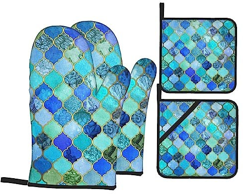 Juego de guantes de horno y soportes para ollas con estampado de piedra para cocinar, hornear, barbacoa, horno, guantes de horno resistentes al calor